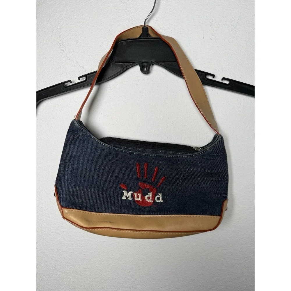 Vintage MUDD Denim Hobo Bag Mini Shoulder Purse Zip OrganizeWallet Handprint Y2K